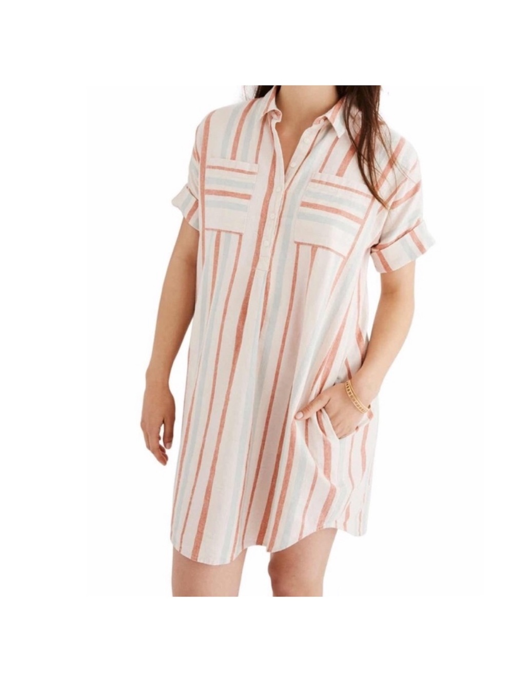 Madewell Striped Tee in White, Coral and Light Blue